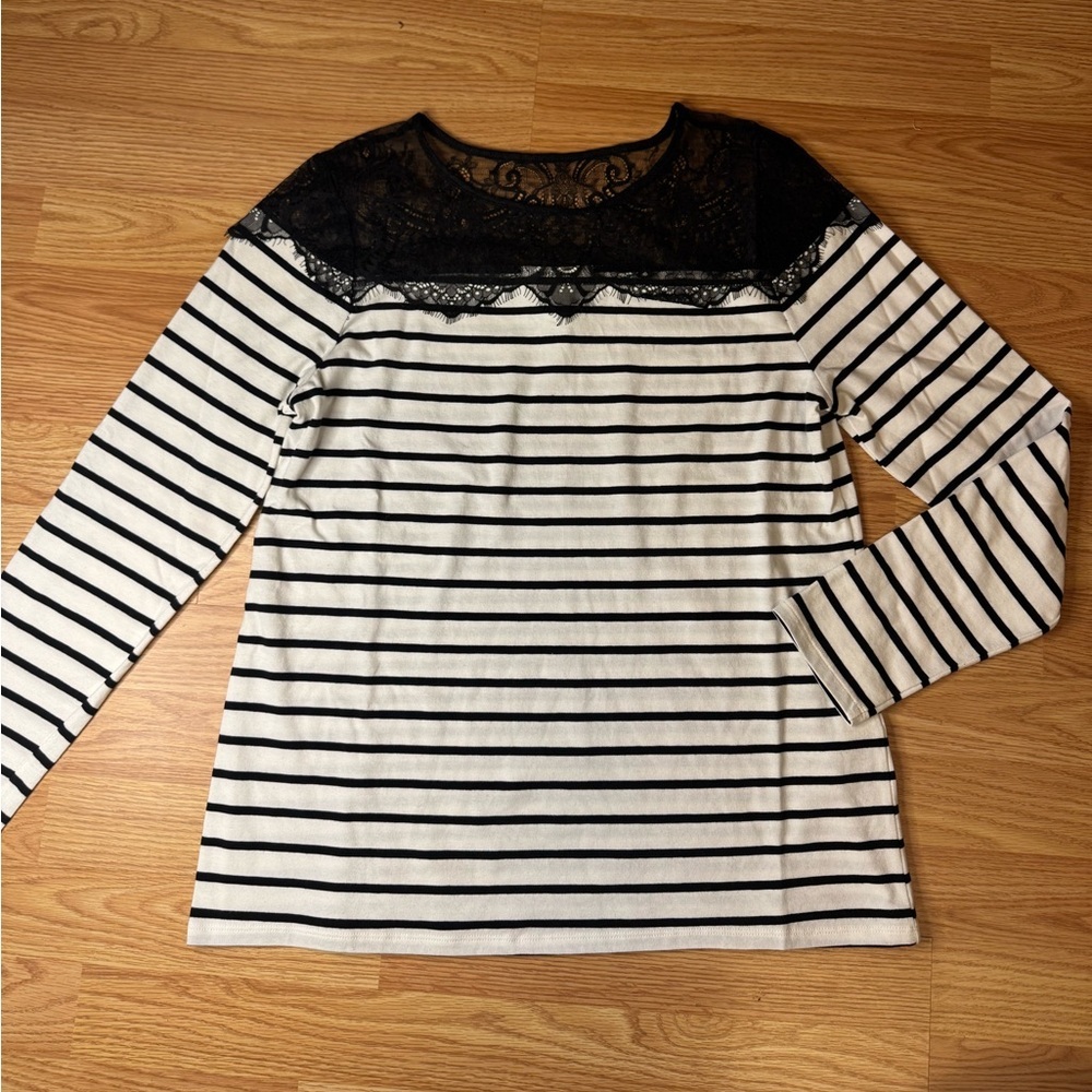 -White House Black Market Striped Lace Long Sleeve Top Size Medium